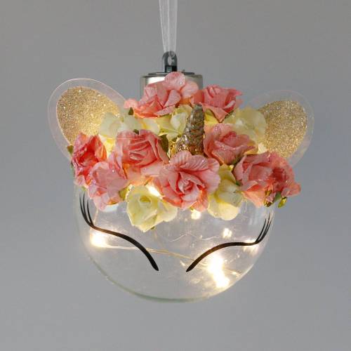 Floristik24 Kalėdinis baubas vienaragis su LED šviesos grandinėle ir gėlėmis geltonas, raudonas, skaidrus stiklas, popierinės rožės Ø8cm Baterijoms