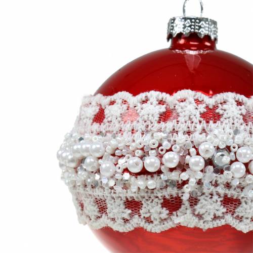 Floristik24 Stiklinis rutulys raudonas su nėriniais ir perlais 3vnt