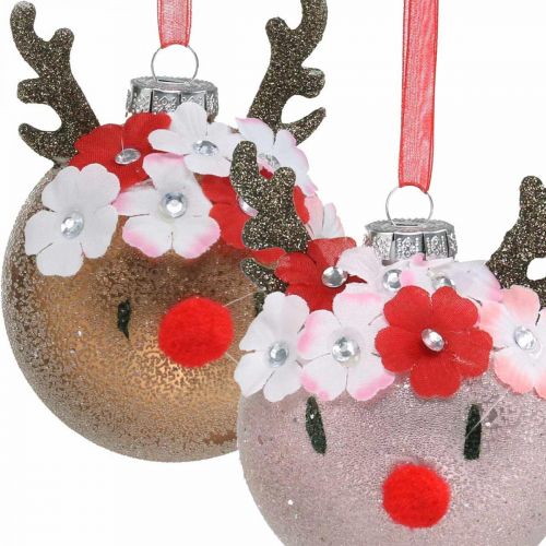 daiktų Kalėdų eglutės kamuolys, elnias su gėlių vainiku, advento puošmena, eglutės puošmena ruda, rožinis tikras stiklas Ø8cm 2vnt.