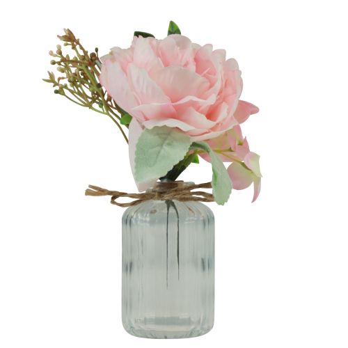 Stiklinė vaza su bijūno rožine dirbtine stalo puošmena 20cm