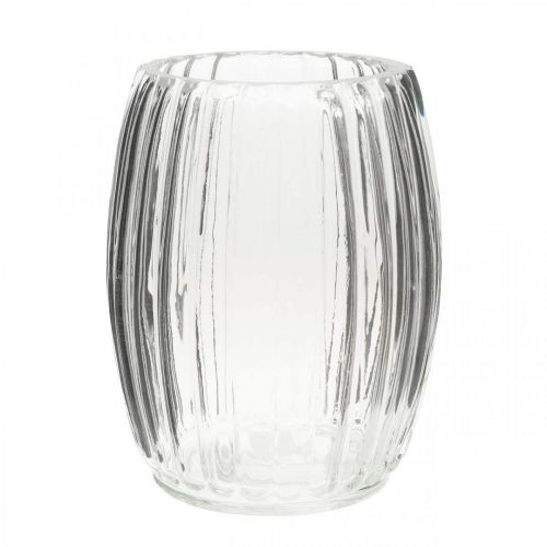 Stiklinė vaza su grioveliais, skaidraus stiklo žibintuvėlis H15cm Ø11,5cm