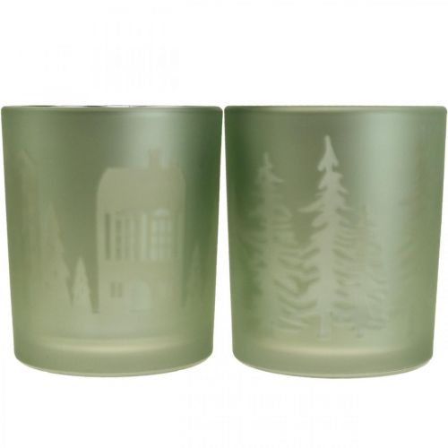 Floristik24 Žibintai, arbatinių žvakių laikiklio stiklas Kalėdų žalias Ø7cm 2vnt