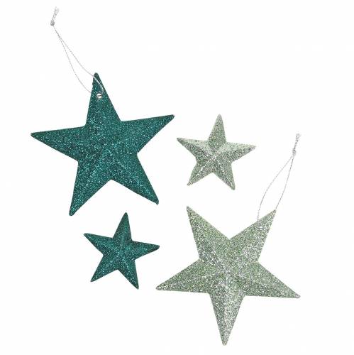 Blizgučių žvaigždučių rinkinys dekoratyvus kabyklos ir išsklaidytos dekoracijos smaragdas, šviesiai žalias 9cm/5cm 18 vnt.