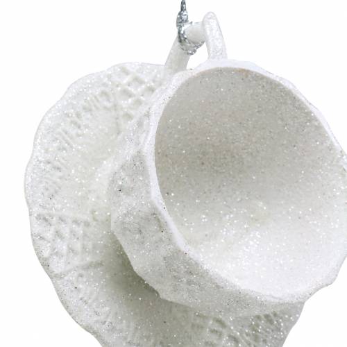 Floristik24 Kalėdų eglutės papuošalų puodelis balti blizgučiai 8cm 12vnt