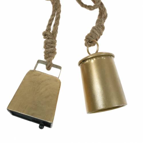 Floristik24 Karvės varpelių rinkinys, skirtas pakabinti žalvarinį metalą 8,2 / 9,5 cm virvė 240 cm
