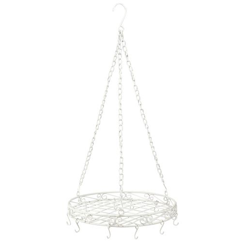 Floristik24 Pakabinamas dekoratyvinis metalinis padėklas su kabliukais baltos spalvos Ø29,5cm H55cm