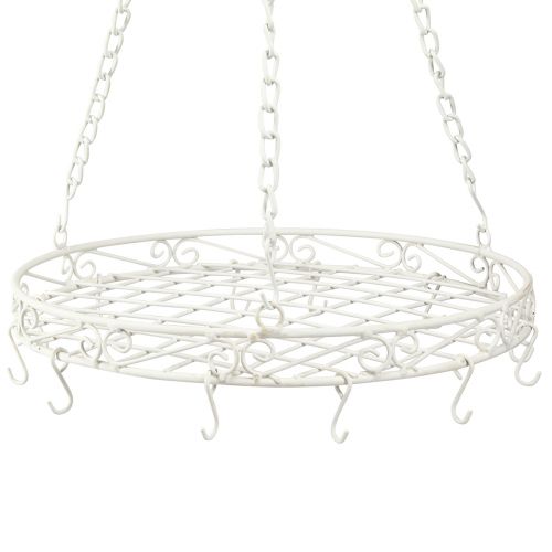 daiktų Pakabinamas dekoratyvinis metalinis padėklas su kabliukais baltos spalvos Ø29,5cm H55cm