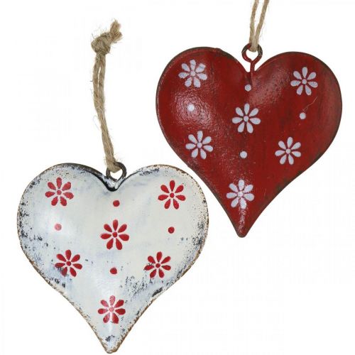 Metalinė širdelė pakabinimui, dovanų etiketė, Valentino diena, vintažinė raudona, balta H6cm 6vnt.