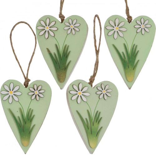 Floristik24 Dekoratyvinės širdelės pakabinimui su gėlėmis medžio žalia, balta 8,5×12cm 4 vnt