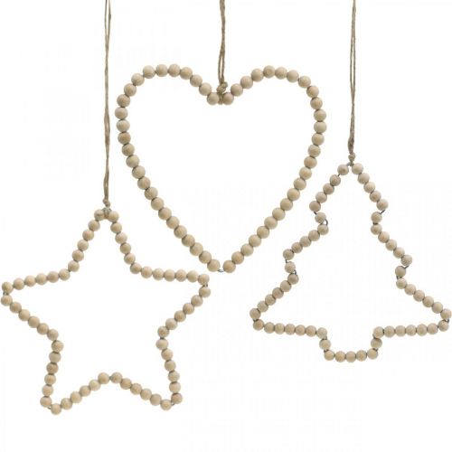 Deco kabykla Kalėdiniai mediniai karoliukai širdelės žvaigždės eglutė H16cm 3vnt