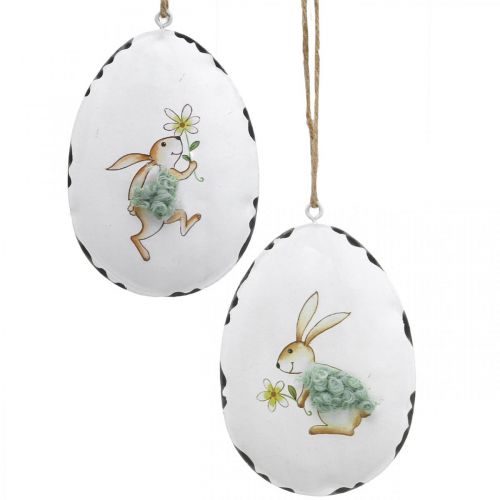 Kiaušiniai su zuikiu, Velykiniai margučiai pakabinti, metalinė dekoracija balta H10,5cm 4vnt