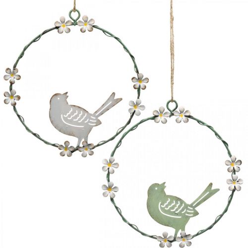 Vainikas su paukšteliu, metalinė dekoracija pakabinimui, spyruoklinė balta/žalia Ø14,5cm rinkinys po 2 vnt.