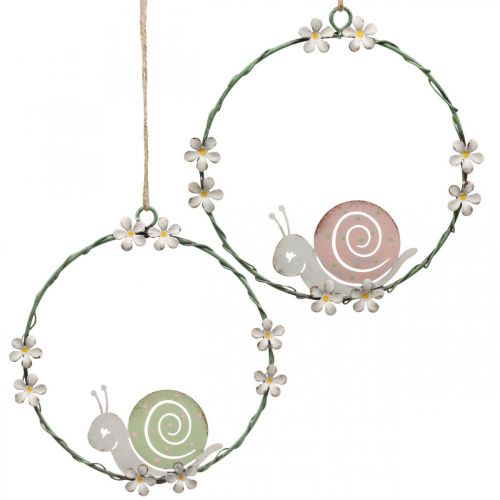 Dekoratyvinis žiedas su sraigėmis, spyruoklinė puošmena, metalo apdaila žalia/rožinė Ø14,5cm rinkinys po 2 vnt.
