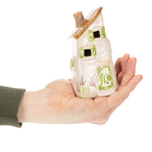 daiktų Kaimiško stiliaus keraminis namelis su ryškia LED lempute, idealiai tinkantis kaip atmosferinė stalo puošmena, 15 cm, 2 vnt.