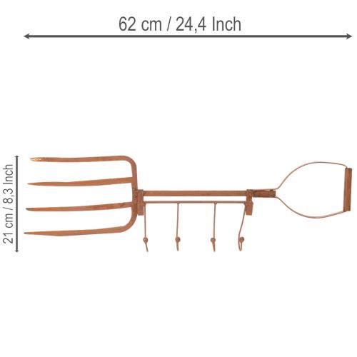 Surūdijęs metalinis kabliukų laikiklis, dekoratyvinės šieno šakės, sodo puošmena, 4 kabliukai, 62 cm | Floristik24.lt