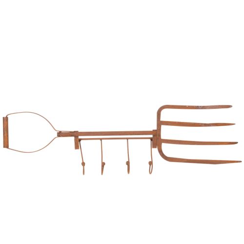 Surūdijęs metalinis kabliukų laikiklis, dekoratyvinės šieno šakės, sodo puošmena, 4 kabliukai, 62 cm | Floristik24.lt