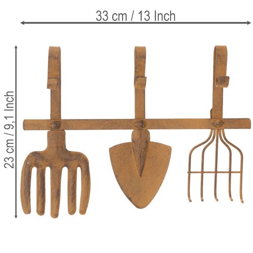 Kabliukas sodo įrankiams, sodo dekoracijoms, grėbliui, kastuvui ir kauptukui; metalinė paltų kabykla iš surūdijusio metalo, 33,5 cm | Floristik24.lt