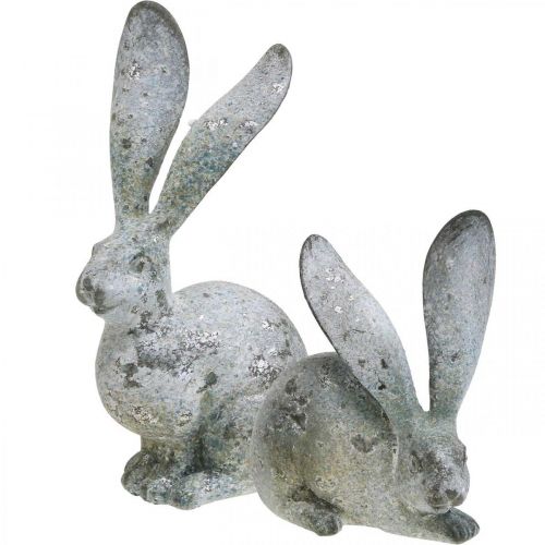 daiktų Dekoratyvinis zuikis, sodo figūrėlė betonine išvaizda, skurdus prašmatnumas, Velykų puošmena su sidabriniais akcentais H21/14cm, 2 rinkinys