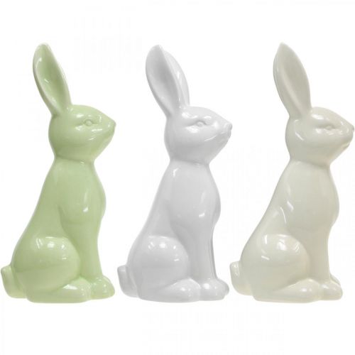 Floristik24 Rabbit Ceramic White, Cream, Green Easter Bunny Deco Figūra H13cm 3vnt