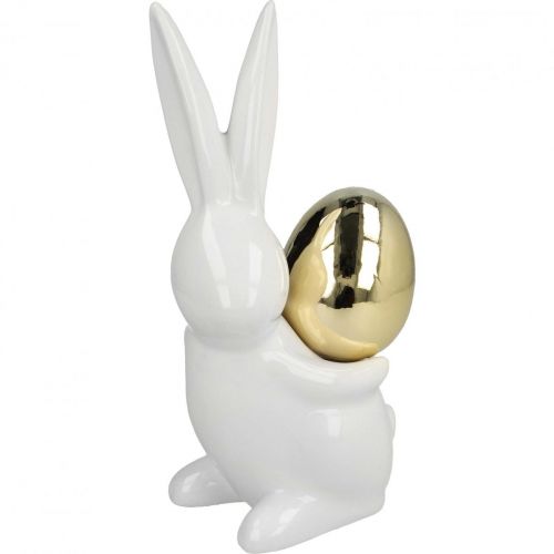 daiktų Velykiniai zuikiai elegantiški, keramikiniai zuikiai su auksiniu kiaušiniu, Velykų puošmena balta, auksinė A18cm 2vnt.