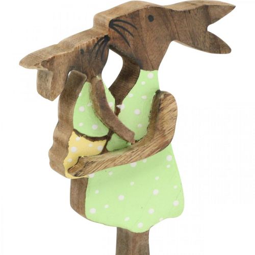 daiktų Kiškučio mama su vaiku, Velykų puošmena, pavasaris, Velykų zuikis iš medžio, natūralus, žalias, geltonas H22cm