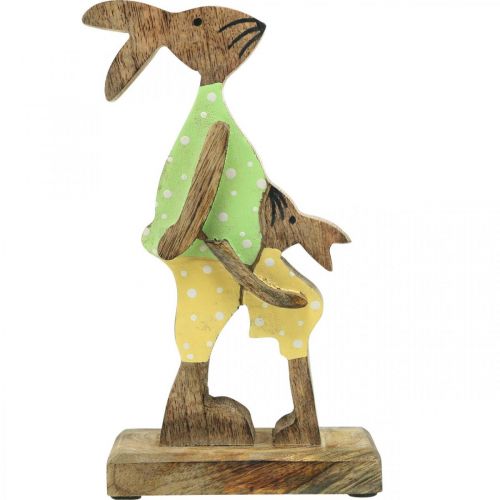 daiktų Velykų zuikis su vaikučiu, pavasarinė puošmena iš medžio, triušio tėvas, Velykinė gamta, žalia, geltona H22cm