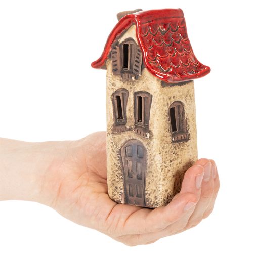 Keraminė namelio dekoracija su raudonu stogu, šviečiantis namelis, 15 cm, 2 vnt. | Floristik24.lt