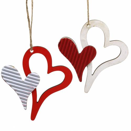 Floristik24 Širdies pakabukas iš medžio raudonas, baltas 8cm 24 vnt