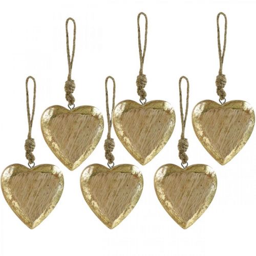 Floristik24 Širdelės pakabinamos, mango mediena, medžio apdaila su aukso efektu 8,5cm × 8cm 6vnt
