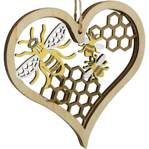 Floristik24 Dekoratyvinė širdelės bitės geltona, auksinė medinė širdelė pakabinti vasaros dekoracijai 6vnt