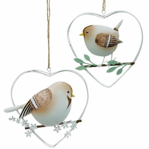 Floristik24 Širdies pakabukas su žvirbliais, pavasario puošmena, metalinė širdelė, Valentino diena, paukščio širdelė 4vnt