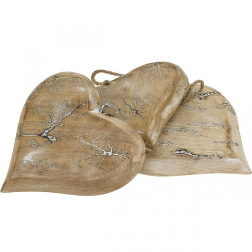 Floristik24 Vestuvių puošmena, širdelės pakabukas, Valentino diena, medinė dekoracija su raštu gamta, skalbta balta 14×15,5cm 3vnt.