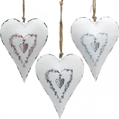 Floristik24 Dekoratyvinės širdelės pakabinimui metalinės baltos metalinės širdelės 12×16cm 3vnt