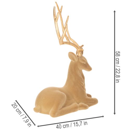 Dekoratyvinė gulinčio elnio figūrėlė su ragais, pūkuota puošyba, 58 cm | Floristik24.lt