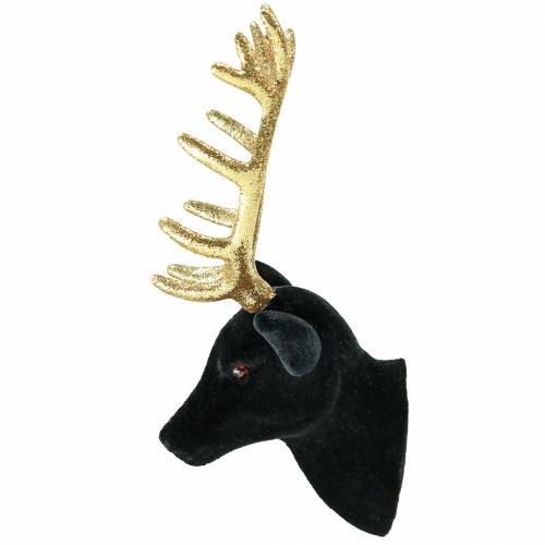 Floristik24 Dekoratyvinė elnio galva flokuota juoda, auksinė 10cm x 20cm 3vnt