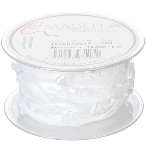 daiktų Vestuvių dekoravimo organzos juostelė, balta, 10 mm x 5 m, su širdelėmis ir perlais