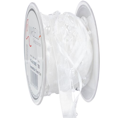 Floristik24 Vestuvių dekoravimo organzos juostelė, balta, 10 mm x 5 m, su širdelėmis ir perlais