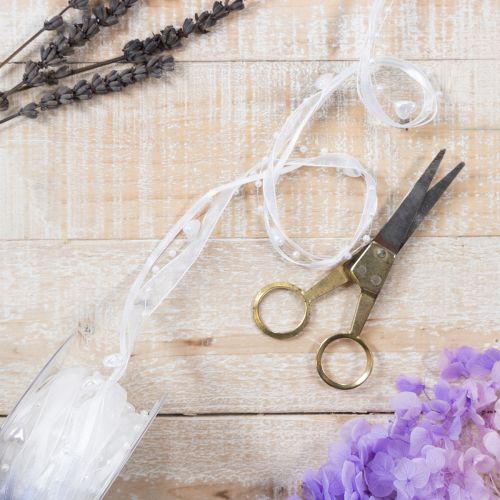 daiktų Vestuvių dekoravimo organzos juostelė, balta, 10 mm x 5 m, su širdelėmis ir perlais