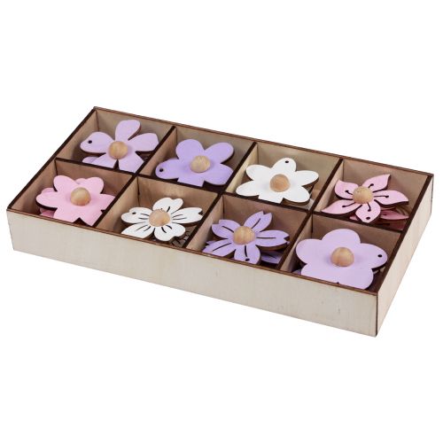 daiktų Medinės gėlės pakabinamos dekoracijos medis violetinė, rožinė, balta 4,5cm 24 vnt