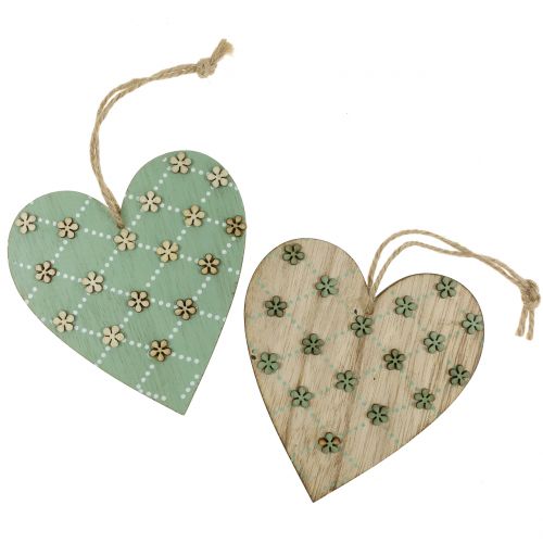 Floristik24 Medinė širdelė pakabinti žalia / natūrali 10cm 4vnt