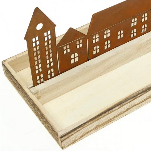 Floristik24 Dekoratyvinis medinis padėklas stačiakampis su patina nameliais 50×17cm
