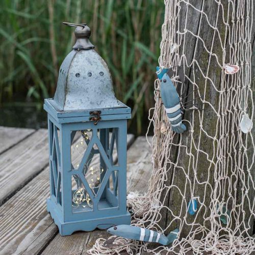 daiktų Medinis žibintas su metaline apdaila, dekoratyvinis žibintas pakabinimui, sodo puošmena mėlyna sidabrinė H51cm