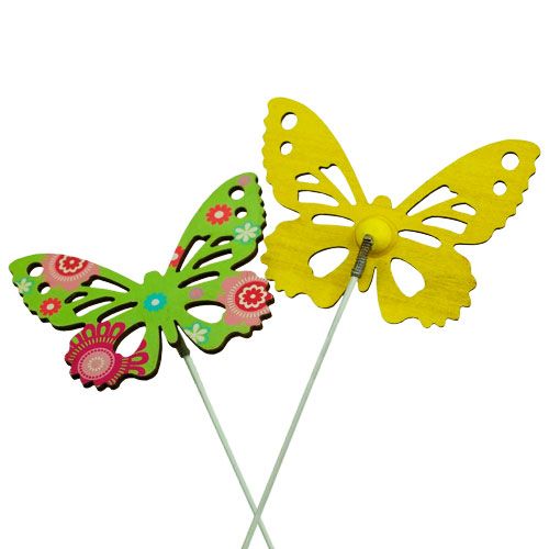 Floristik24 Įvairių spalvų mediniai drugeliai ant pagaliuko. 9 cm