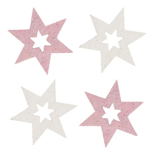 Floristik24 Medinė žvaigždė 3,5cm rožinė/balta su blizgučiais 72vnt