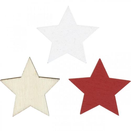 daiktų Išsklaidytos dekoracijos medinės žvaigždės natūralios, raudonos, baltos 3cm mix 72 vnt