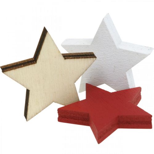 daiktų Taškinė apdaila medinės žvaigždės natūralios, raudonos, baltos 3cm mix 72 vnt