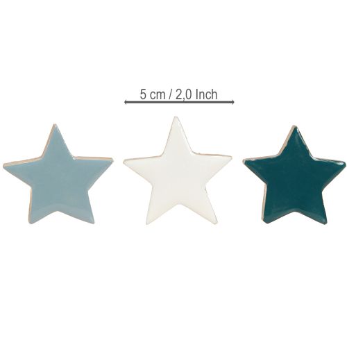 daiktų Medinės žvaigždutės stalo dekoracijai, baltos, mėlynos, turkio spalvos, 5 cm, 12 vnt.