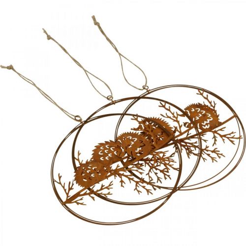 daiktų Metalinis pakabukas, ežiukas ant šakos, rudens puošmena, dekoratyvinis žiedas patina Ø15,5cm 3 vnt.