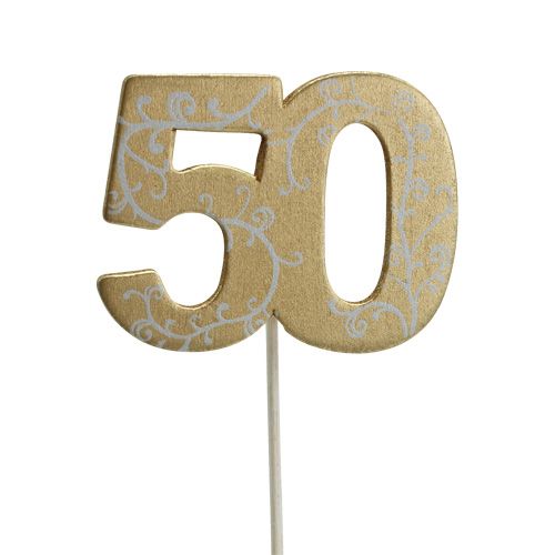 Floristik24 Medienos numeris "50" ant pagaliuko auksinis 36vnt