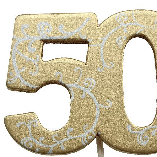 Floristik24 Medienos numeris "50" ant pagaliuko auksinis 36vnt